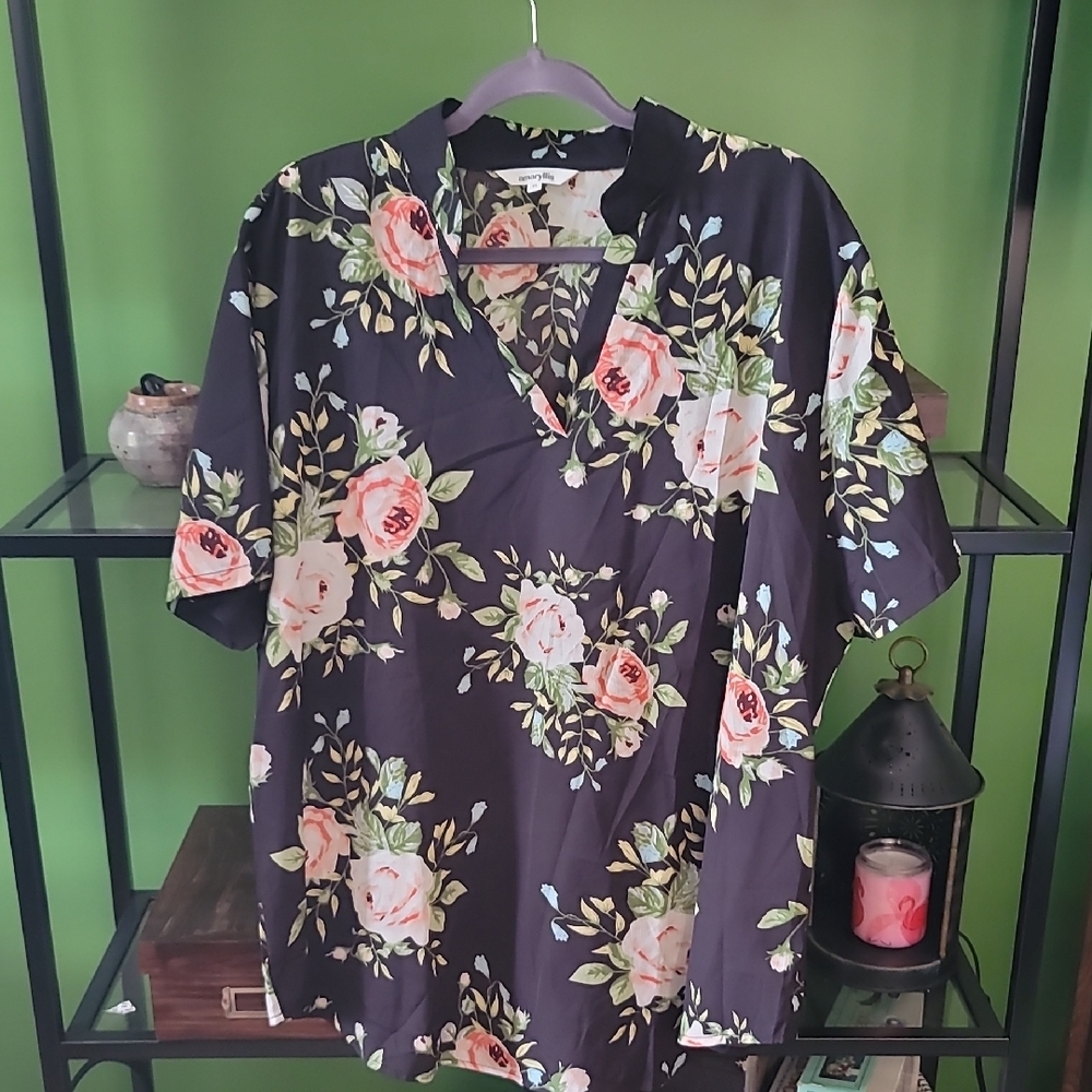 Amaryllis Black Floral Blouse with Pink and Green Accents